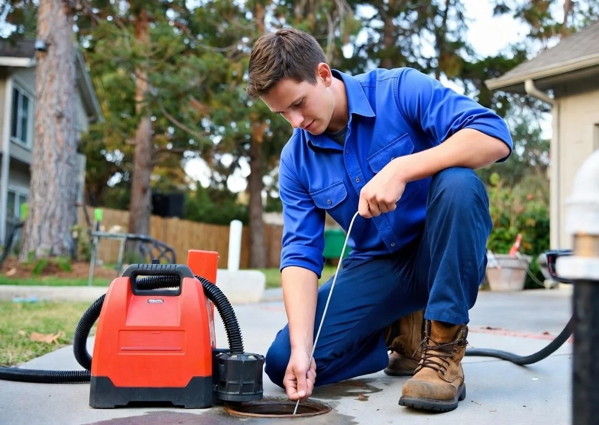 Drain cleaning technician working in Bradford home